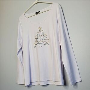 Cate L Rhinestone Christmas Tree Long Sleeve Shirt White Embellished Holiday